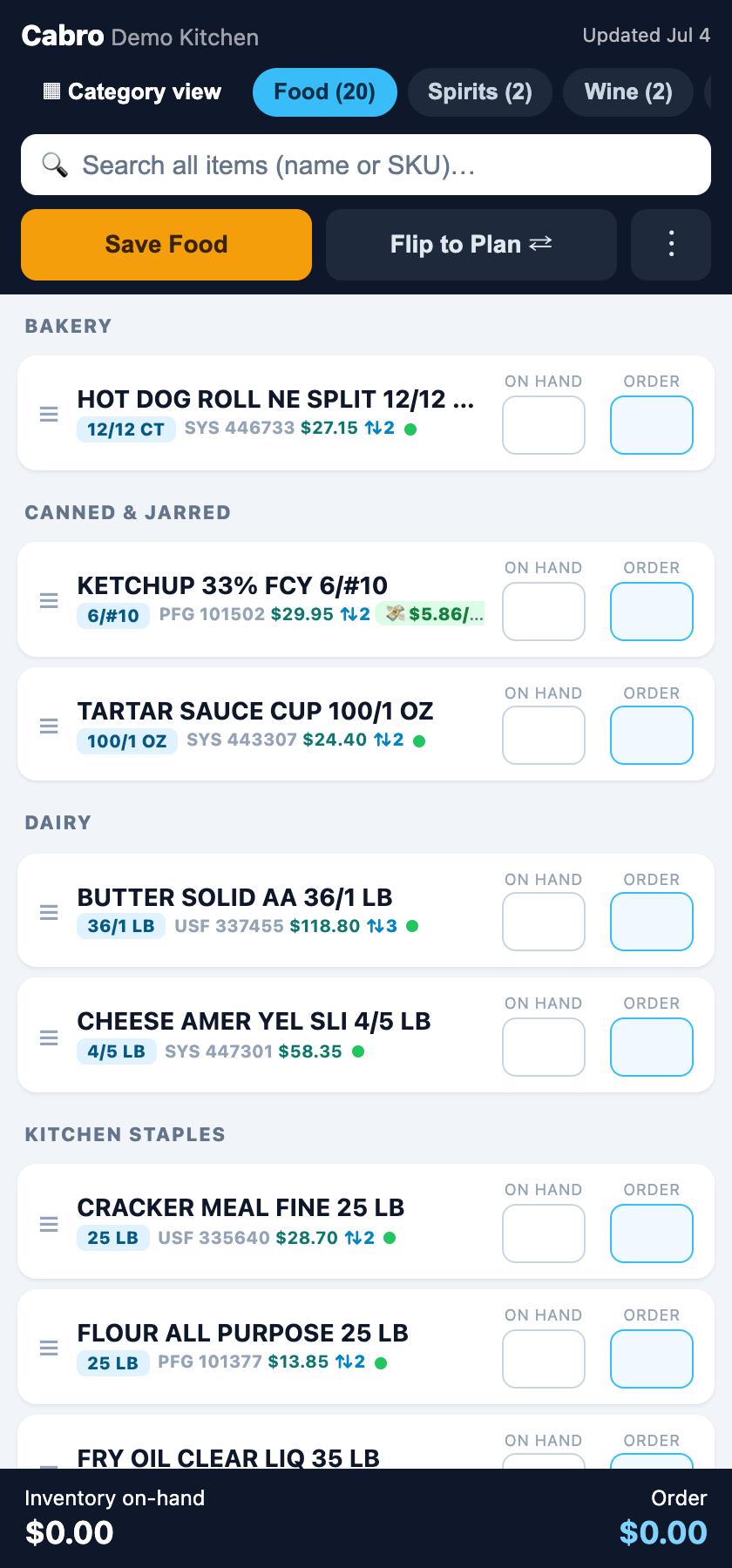 Cabro order guide on a phone